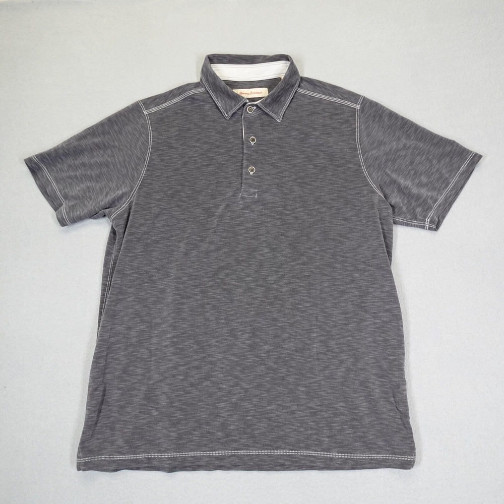 Tommy Bahama Polo Shirt Mens L Gray Short Sleeve Contrast Stitch Casual Beach